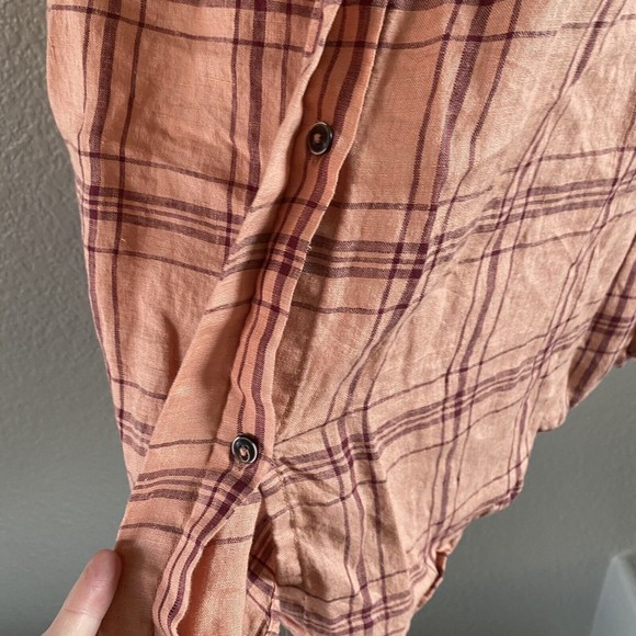 Free People 100% Linen No Limits Peach Plaid Button Down Shirt oversized Small - Picture 7 of 12